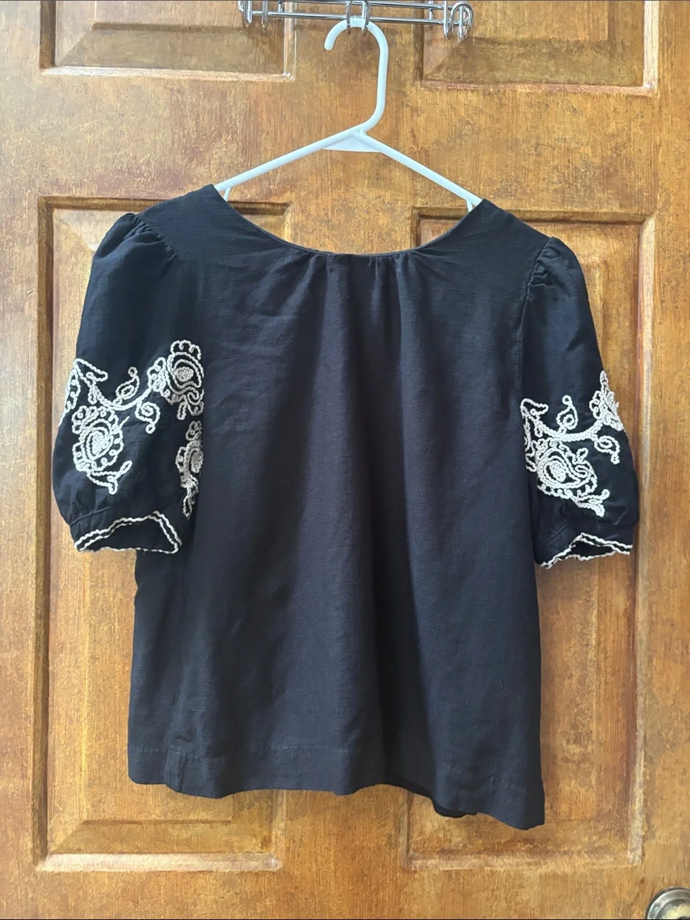 Black Puff Sleeve Top with White Embroidered Detail